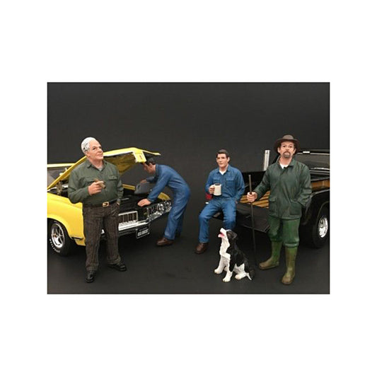 Mechanics and Customer and a Dog 5 piece Figurine Set for 1/18 Scale Models by American Diorama