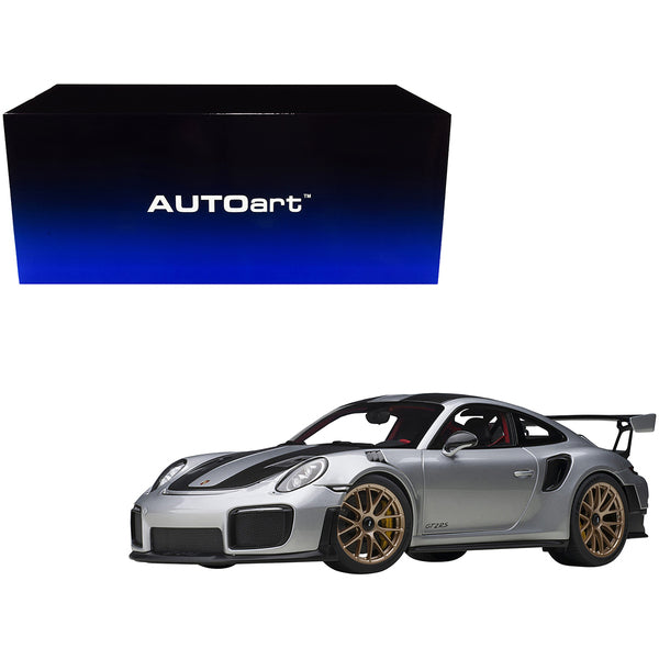 Porsche 911 (991.2) GT2 RS Weissach Package GT Silver with Carbon Stripes 1/18 Model Car by Autoart