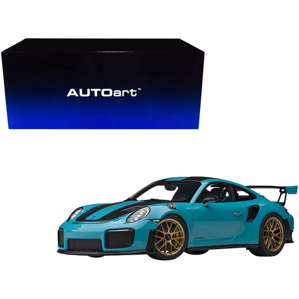 Porsche 911 (991.2) GT2 RS Weissach Package Miami Blue with Carbon Stripes 1/18 Model Car by Autoart