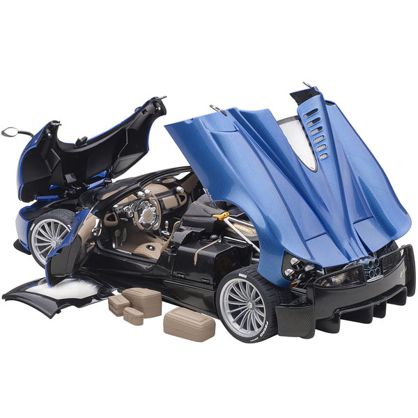 Pagani Huayra Roadster Blue Tricolore Carbon Fiber with Black Top with Luggage Set 1/18 Model Car by Autoart