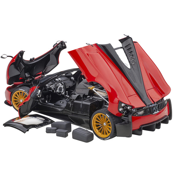 Pagani Huayra Roadster Rosso Monza Red and Carbon with Luggage Set 1/18 Model Car by Autoart