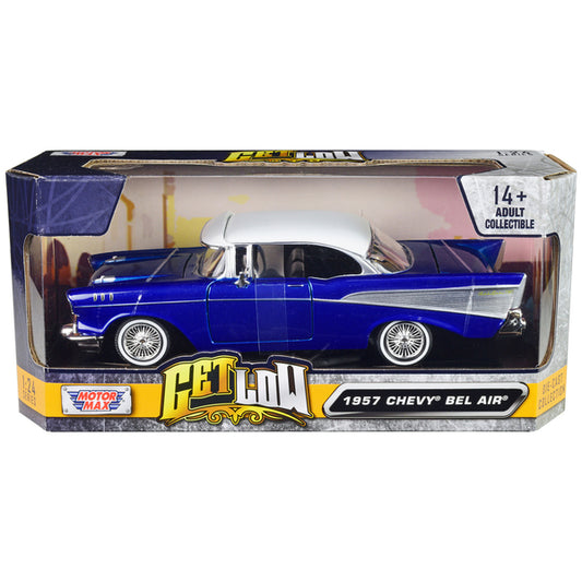 1957 Chevrolet Bel Air Lowrider Candy Blue with White Top "Get Low" Series 1/24 Diecast Model Car by Motormax