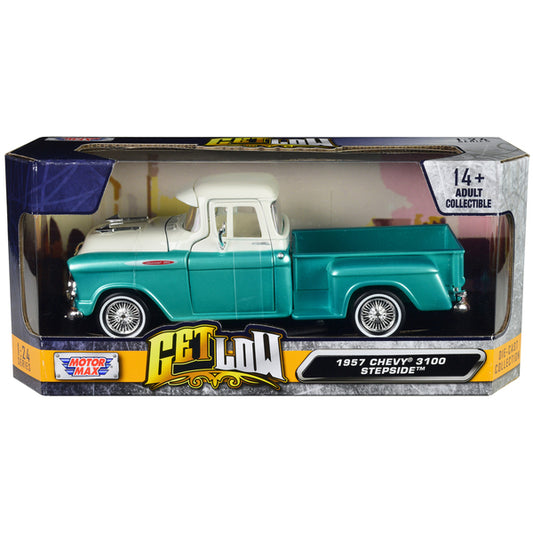 1957 Chevrolet 3100 Stepside Pickup Truck Lowrider Turquoise Metallic and White with White Interior "Get Low" Series 1/24 Diecast Model Car by Motormax