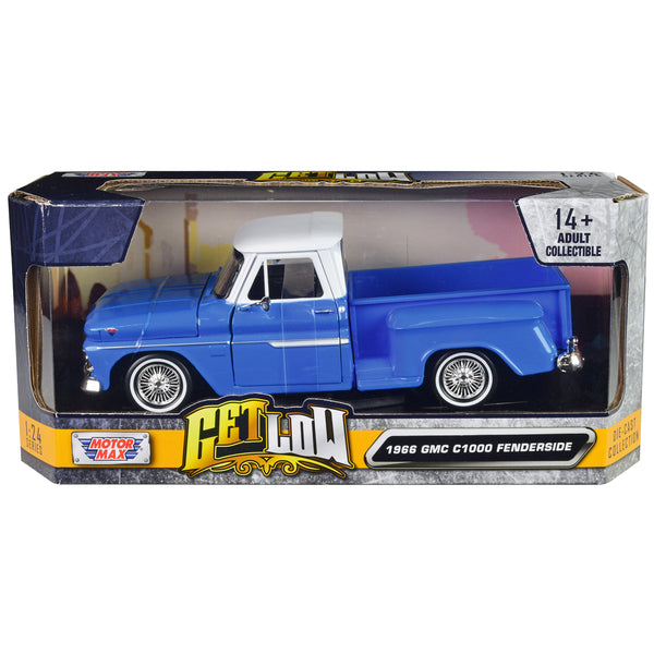 1966 GMC C1000 Fenderside Pickup Truck Lowrider Blue with White Top "Get Low" Series 1/24 Diecast Model Car by Motormax