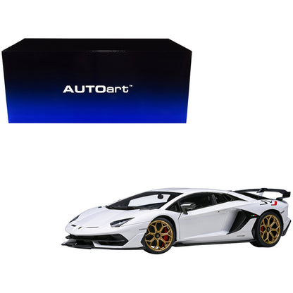 Lamborghini Aventador SVJ Bianco Asopo Pearl White with Gold Wheels 1/18 Model Car by Autoart