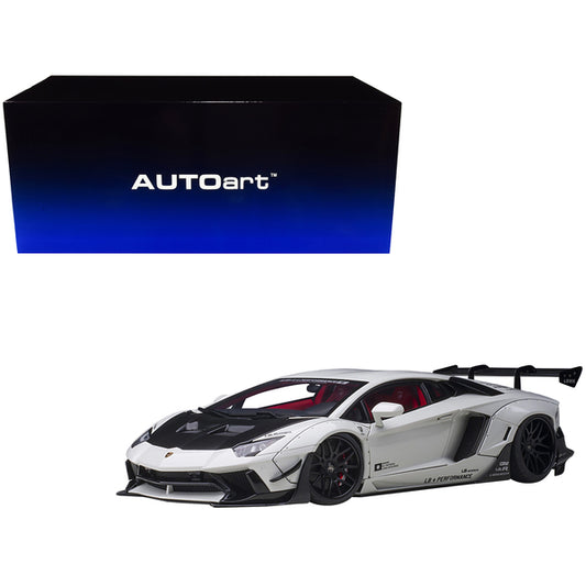 Lamborghini Aventador Liberty Walk LB-Works White Metallic with Carbon Hood and Red Interior Limited Edition 1/18 Model Car by Autoart