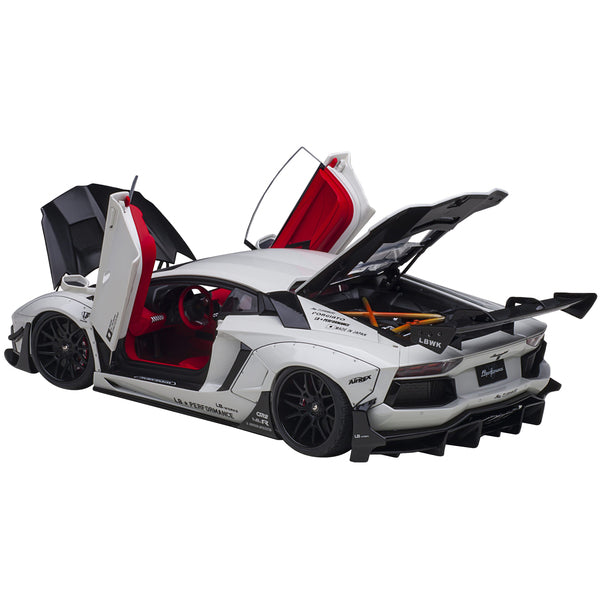 Lamborghini Aventador Liberty Walk LB-Works White Metallic with Carbon Hood and Red Interior Limited Edition 1/18 Model Car by Autoart