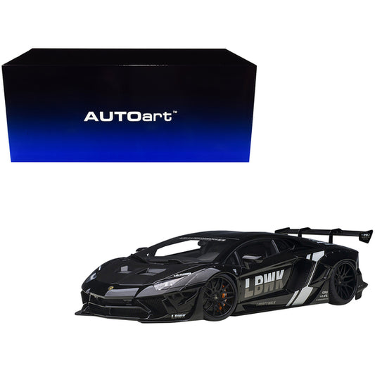 Lamborghini Aventador Liberty Walk LB-Works Livery Black with Carbon Hood Limited Edition 1/18 Model Car by Autoart