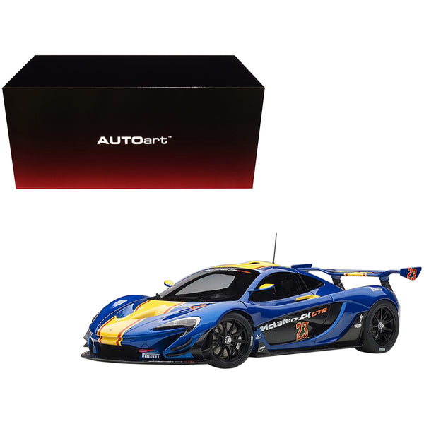 Mclaren P1 GTR #23 Metallic Blue with Yellow Stripe 1/18 Model Car by Autoart