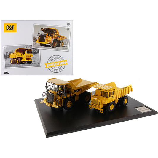 CAT Caterpillar 769 Off-Highway Truck (1963-2006) and CAT Caterpillar 770 Off-Highway Truck (2007-Present) with Operators "Evolution Series" Set of 2 pieces 1/50 Diecast Models by Diecast Masters