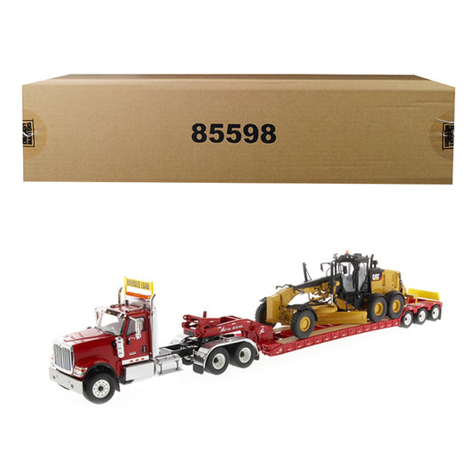 International HX520 Tandem Tractor Red with XL 120 Lowboy Trailer and CAT Caterpillar 12M3 Motor Grader Set of 2 pieces 1/50 Diecast Models by Diecast Masters