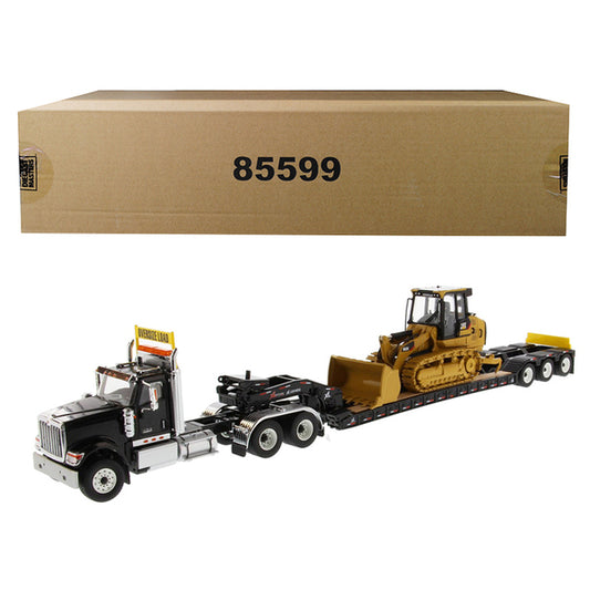 International HX520 Tandem Tractor Black with XL 120 Lowboy Trailer and CAT Caterpillar 963K Track Loader Set of 2 pieces 1/50 Diecast Models by Diecast Masters