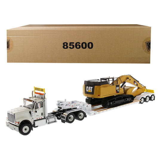 International HX520 Tandem Tractor White with XL 120 Lowboy Trailer and CAT Caterpillar 349F L XE Hydraulic Excavator Set of 2 pieces 1/50 Diecast Models by Diecast Masters