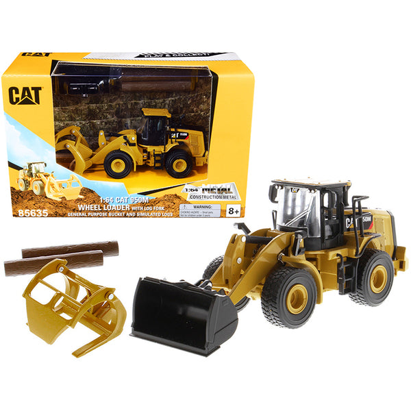 CAT Caterpillar 950M Wheel Loader with Bucket and Log Fork with Two Log Poles "Play & Collect!" 1/64 Diecast Model by Diecast Masters