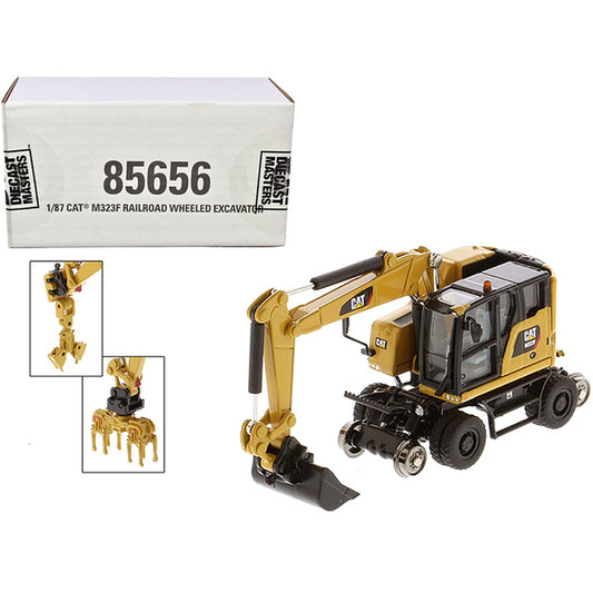 CAT Caterpillar M323F Railroad Wheeled Excavator with 3 Accessories (CAT Yellow Version) "High Line" Series 1/87 (HO) Scale Diecast Model by Diecast Masters