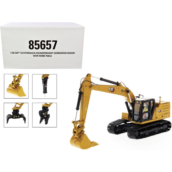 Cat Caterpillar 323 Hydraulic Excavator Next Generation Design with Operator and 4 Work Tools "High Line Series" 1/50 Diecast Model by Diecast Masters