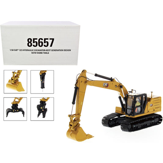 Cat Caterpillar 323 Hydraulic Excavator Next Generation Design with Operator and 4 Work Tools "High Line Series" 1/50 Diecast Model by Diecast Masters