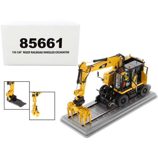 CAT Caterpillar M323F Railroad Wheeled Excavator with Operator and 3 Work Tools Safety Yellow Version "High Line Series" 1/50 Diecast Model by Diecast Masters