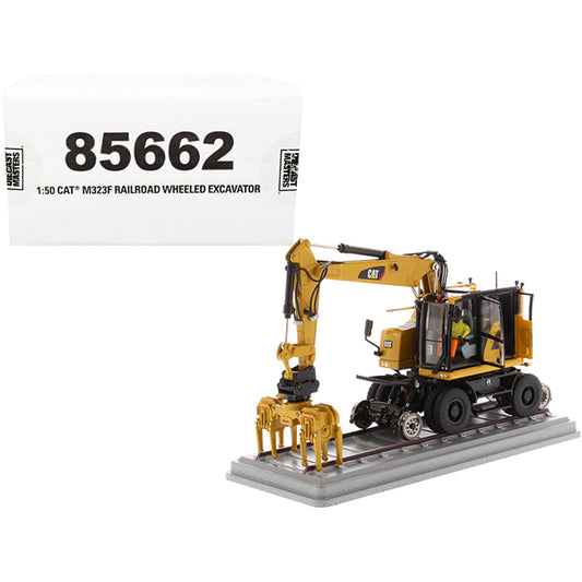 CAT Caterpillar M323F Railroad Wheeled Excavator with Operator and 3 Work Tools (CAT Yellow Version) "High Line Series" 1/50 Diecast Model by Diecast Masters