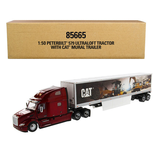 Peterbilt 579 UltraLoft Truck Tractor Red with "CAT Caterpillar" Mural Dry Van Trailer "Transport Series" 1/50 Diecast Model by Diecast Masters