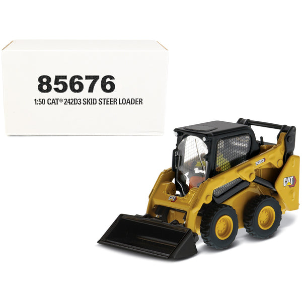 CAT Caterpillar 242D3 Wheeled Skid Steer Loader with Work Tools and Operator Yellow "High Line Series" 1/50 Diecast Model by Diecast Masters