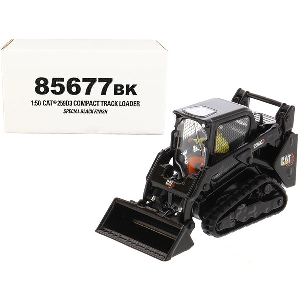 CAT Caterpillar 259D3 Compact Track Loader with Work Tools and Operator Special Black Paint "High Line Series" 1/50 Diecast Model by Diecast Masters