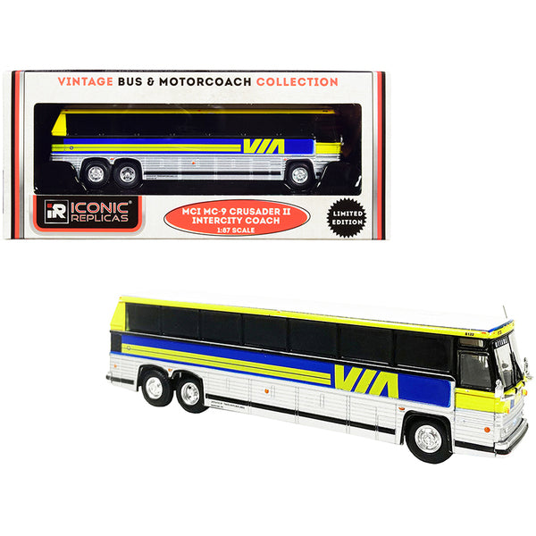 1980 MCI MC-9 Crusader II Intercity Coach Bus "Via Rail" (Canada) Yellow and Silver with Blue Stripes "Vintage Bus & Motorcoach Collection" 1/87 (HO) Diecast Model by Iconic Replicas