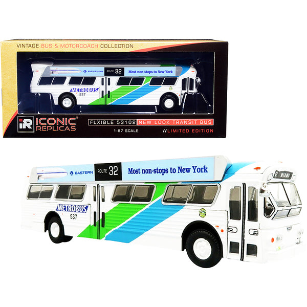 Flxible 53102 Transit Bus #32 "Miami" Metrobus (Florida) with Bus-O-Rama Boards "Eastern Airlines" White with Green and Blue Stripes "Vintage Bus & Motorcoach Collection" 1/87 (HO) Diecast Model by Iconic Replicas