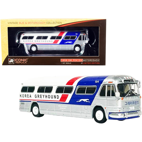 1959 GM PD4104 Motorcoach Bus "Seoul" "Korea Greyhound" Silver and White with Red and Blue Stripes "Vintage Bus & Motorcoach Collection" 1/87 (HO) Diecast Model by Iconic Replicas