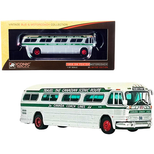 1959 GM PD4104 Motorcoach Bus "Hamilton" "Canada Coach Lines" Silver and Cream with Green Stripes "Vintage Bus & Motorcoach Collection" 1/87 (HO) Diecast Model by Iconic Replicas