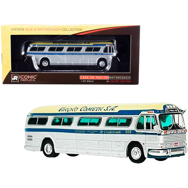 1959 GM PD4104 Motorcoach Bus "S. Paulo - Rio" "Viacao Cometa S.A." (Brazil) Silver and Cream with Blue Stripes "Vintage Bus & Motorcoach Collection" 1/87 (HO) Diecast Model by Iconic Replicas