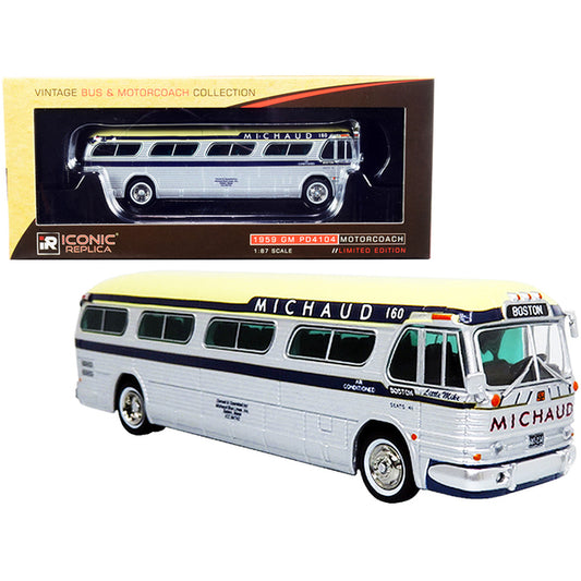 1959 GM PD4104 Motorcoach Bus "Boston" "Michaud Lines" Silver and Cream with Dark Blue Stripes "Vintage Bus & Motorcoach Collection" 1/87 (HO) Diecast Model by Iconic Replicas