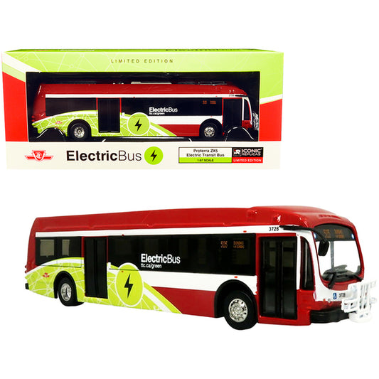 Proterra ZX5 Electric Transit Bus #505 "Dundas" "TTC Toronto Transit Commission" (Canada) Dark Red and White with Green Graphics 1/87 (HO) Diecast Model by Iconic Replicas