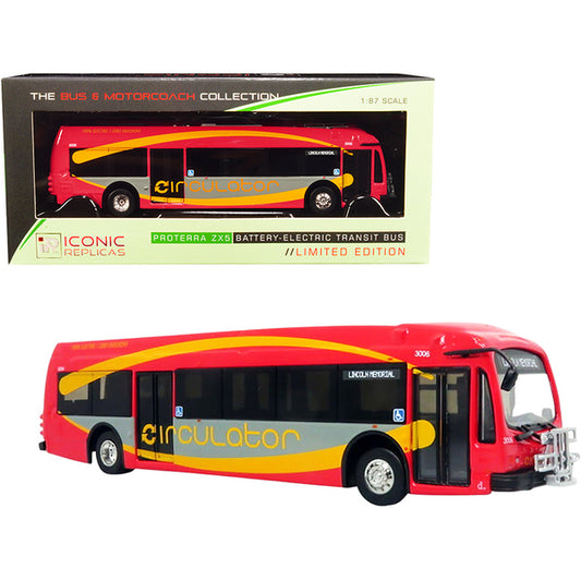 Proterra ZX5 Battery-Electric Transit Bus DC Circulator "Lincoln Memorial" (Washington D.C.) Red and Gray with Yellow Stripes "The Bus & Motorcoach Collection" 1/87 (HO) Diecast Model by Iconic Replicas