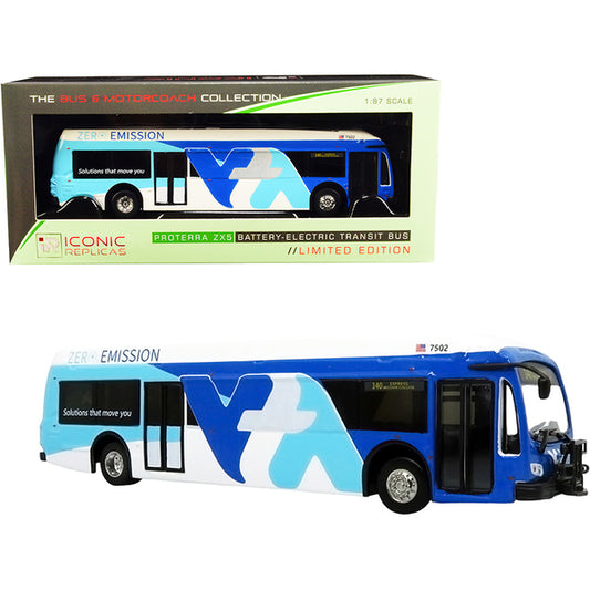 Proterra ZX5 Battery-Electric Transit Bus #140 Express "Mission College" Santa Clara Valley (California) White and Blue "The Bus & Motorcoach Collection" 1/87 (HO) Diecast Model by Iconic Replicas