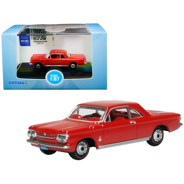 1963 Chevrolet Corvair Coupe Riverside Red with Red Interior 1/87 (HO) Scale Diecast Model Car by Oxford Diecast