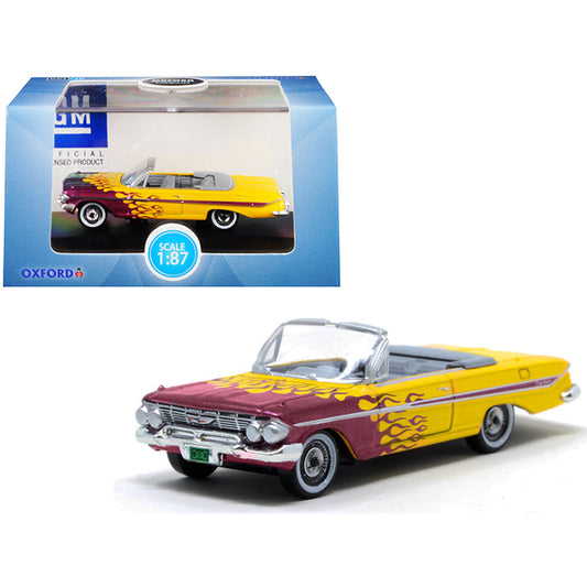 1961 Chevrolet Impala Convertible Yellow with Purple Flames "Hot Rod" 1/87 (HO) Scale Diecast Model Car by Oxford Diecast