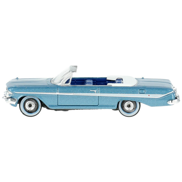 1961 Chevrolet Impala Convertible Jewel Blue Metallic and White with Blue Interior 1/87 (HO) Scale Diecast Model Car by Oxford Diecast