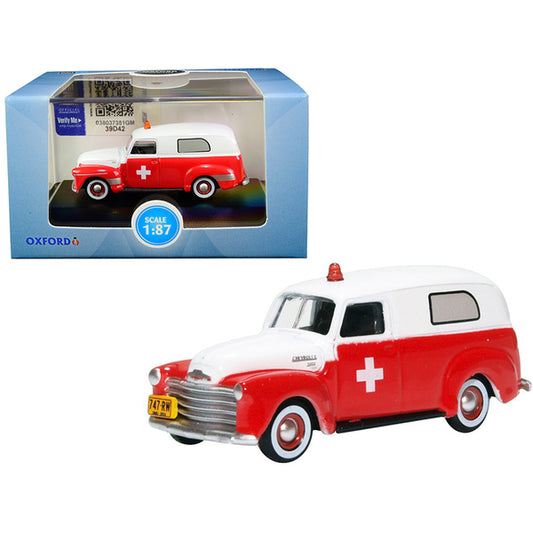 1950 Chevrolet Panel Van "Ambulance" Red and White 1/87 (HO) Scale Diecast Model Car by Oxford Diecast