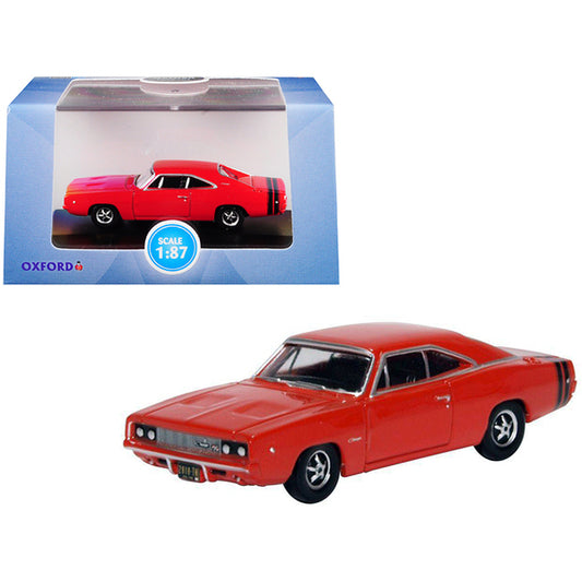 1968 Dodge Charger Bright Red with Black Stripes 1/87 (HO) Scale Diecast Model Car by Oxford Diecast