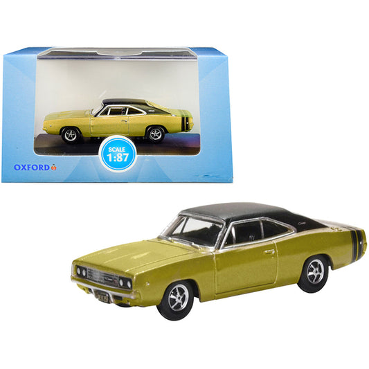 1968 Dodge Charger Gold with Black Top and Black Stripes 1/87 (HO) Scale Diecast Model Car by Oxford Diecast