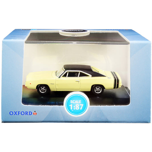 1968 Dodge Charger Light Yellow with Black Top and Black Stripes 1/87 (HO) Scale Diecast Model Car by Oxford Diecast