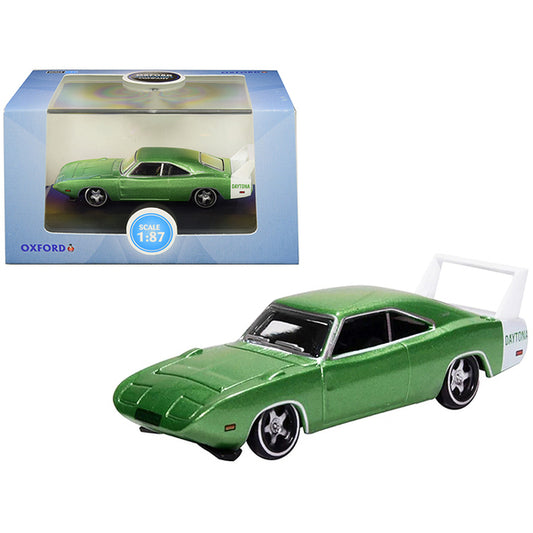 1969 Dodge Charger Daytona Metallic Bright Green with White Stripe 1/87 (HO) Scale Diecast Model Car by Oxford Diecast