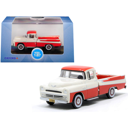 1957 Dodge D100 Sweptside Pickup Truck Tropical Coral and Glacier White 1/87 (HO) Scale Diecast Model Car by Oxford Diecast