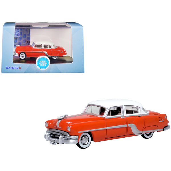 1954 Pontiac Chieftain 4 Door Coral Red with Winter White Top 1/87 (HO) Scale Diecast Model Car by Oxford Diecast