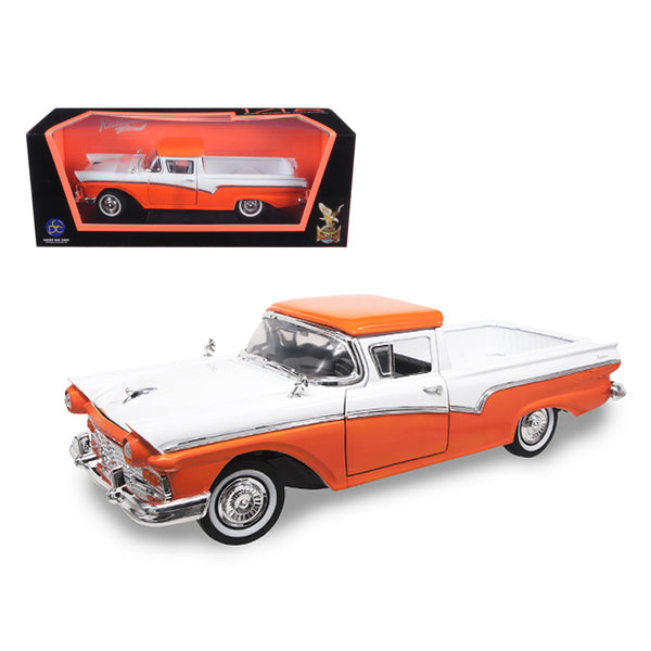 1957 Ford Ranchero Pickup Orange and White 1/18 Diecast Model Car by Road Signature