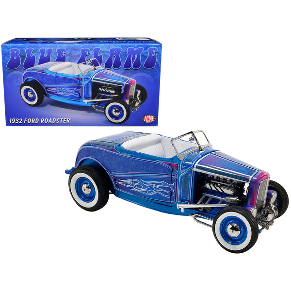 1932 Ford Roadster Hot Rod Blue Metallic with Flames and White Interior Limited Edition to 468 pieces Worldwide 1/18 Diecast Model Car by ACME