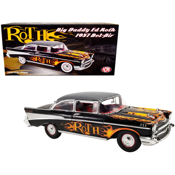 1957 Chevrolet Bel Air Black with Flames and Pinstripe Top "Big Daddy Ed Roth" Limited Edition to 966 pieces Worldwide 1/18 Diecast Model Car by ACME