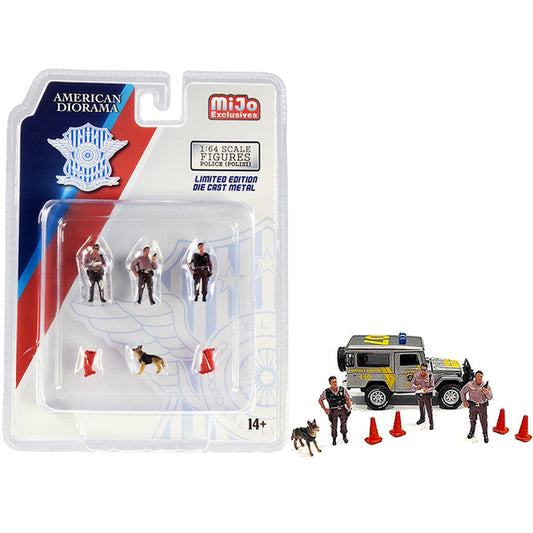 "Police" 8 piece Diecast Set (3 Figurines and 1 Dog and 4 Accessories) for 1/64 Scale Models by American Diorama