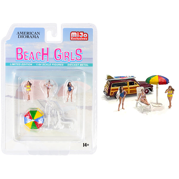 "Beach Girls" 5 piece Diecast Set (3 Figurines 1 Beach Chaise and 1 Beach Umbrella) for 1/64 Scale Models by American Diorama